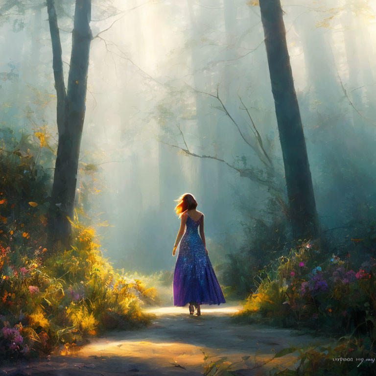 Woman in Blue Dress Walking on Sunlit Forest Path with Flowers