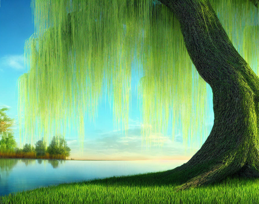 Tranquil Willow Tree Landscape by Calm Lake