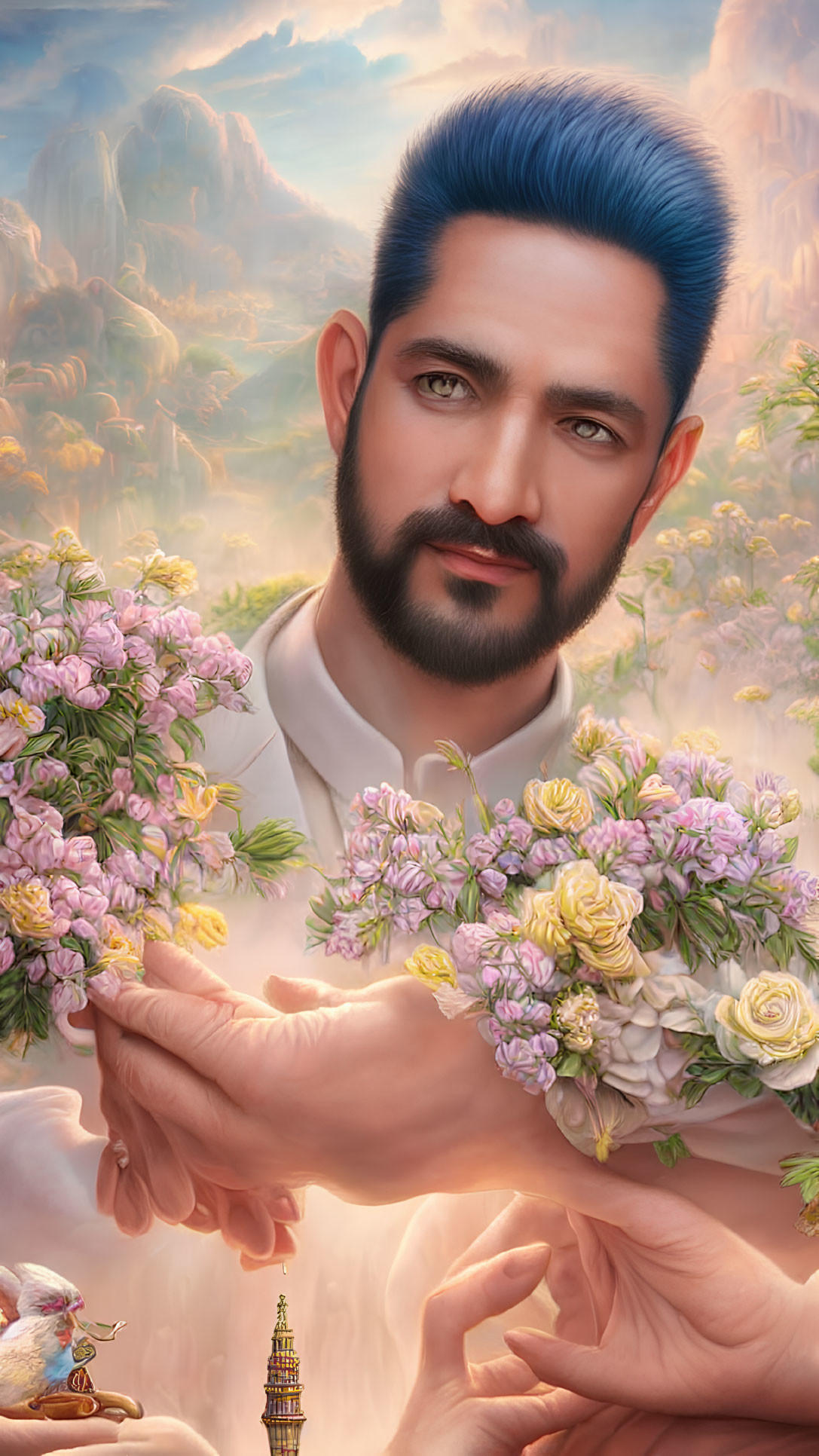 Blue-bearded Man Holding Pink and Yellow Flowers in Serene Landscape