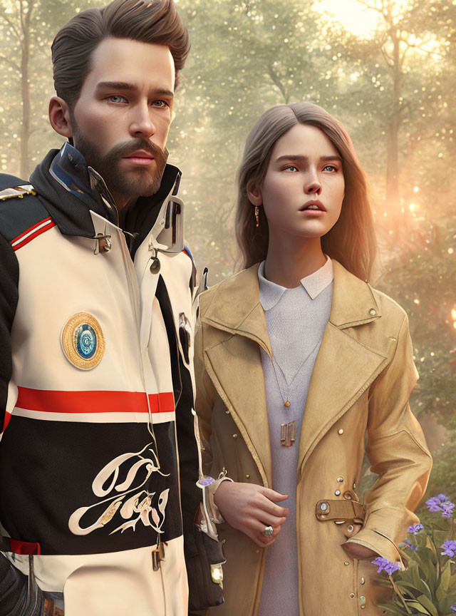 Man and woman in stylish outfits standing in sunlit forest clearing.