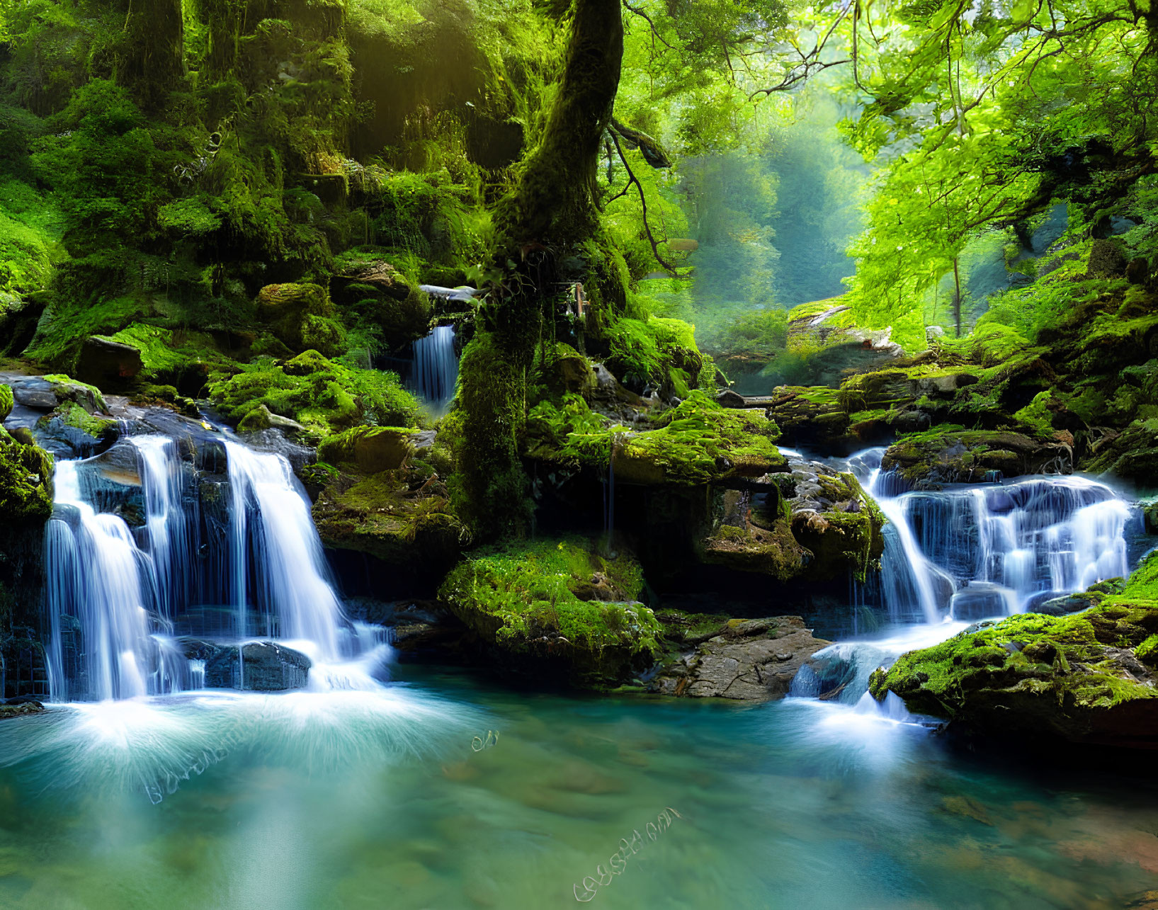 Tranquil forest scene: cascading water, mossy rocks, lush greenery