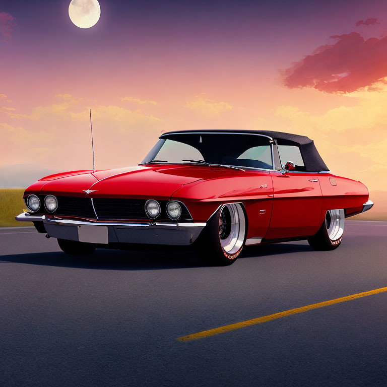 Red Vintage Car Parked on Open Road Under Sunset Sky with Full Moon