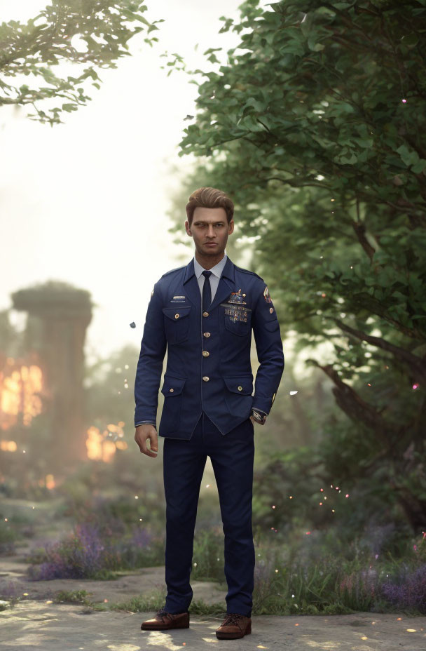 Decorated man in navy blue military uniform in ethereal garden with sunlight.