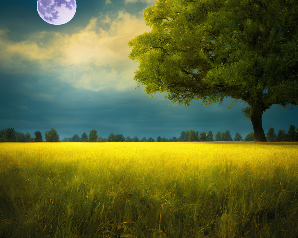 Golden field with solitary tree under twilight sky and full moon