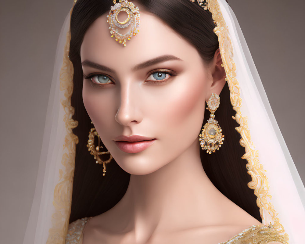 Portrait of Woman in Golden Jewelry and Veil with Blue Eyes