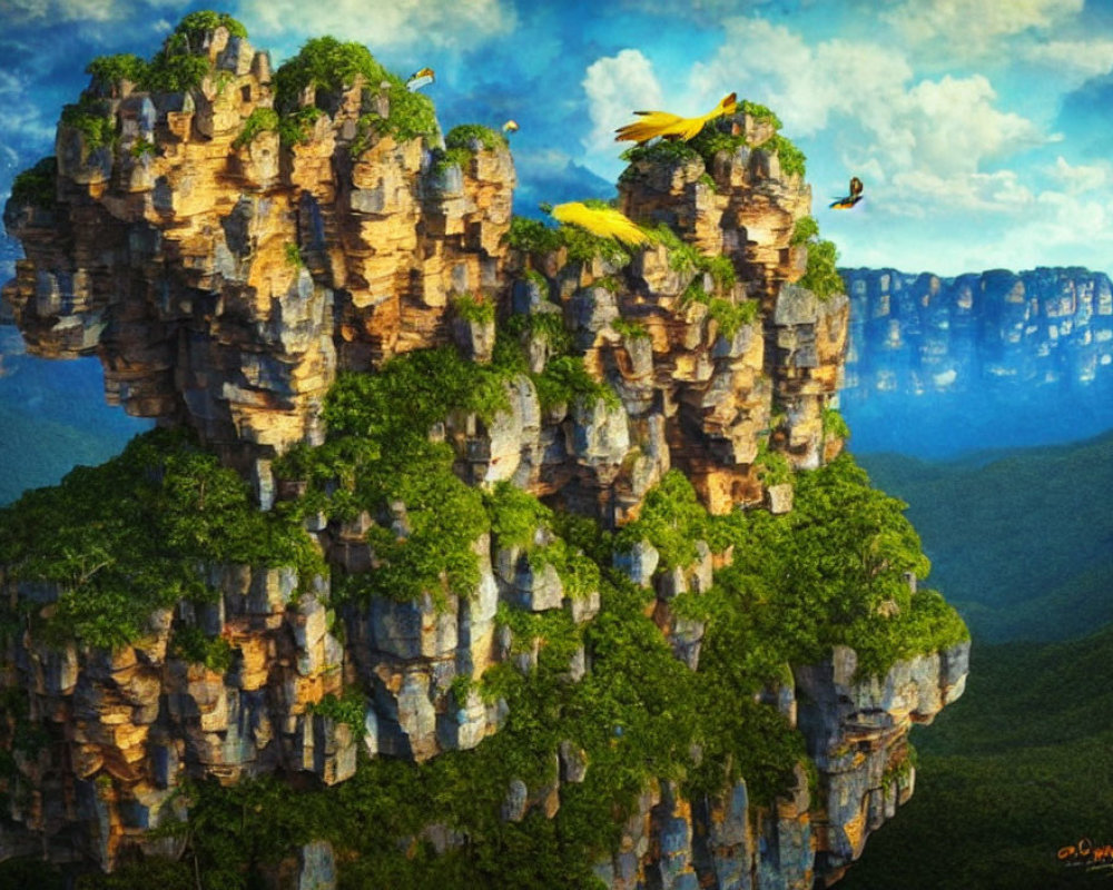 Rocky landscape with giant head shape, lush greenery, colorful birds, and bright sky.