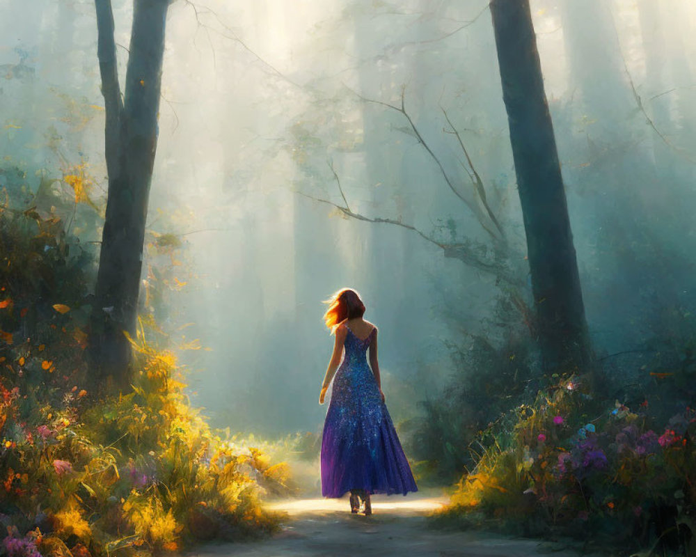 Woman in Blue Dress Walking on Sunlit Forest Path with Flowers