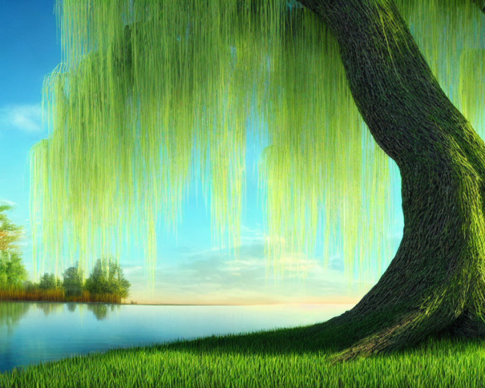 Tranquil Willow Tree Landscape by Calm Lake