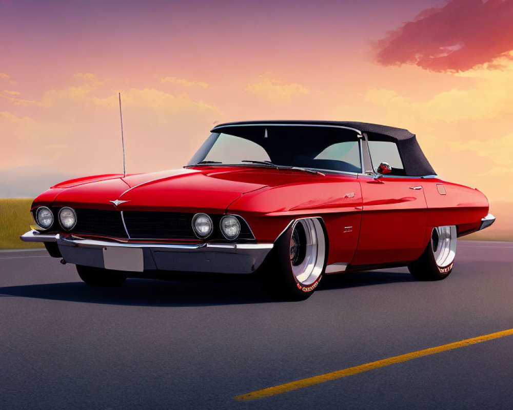 Red Vintage Car Parked on Open Road Under Sunset Sky with Full Moon