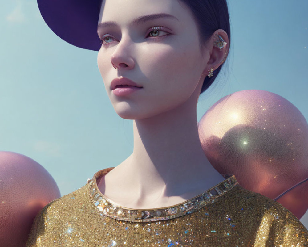 Digital 3D Rendering of Woman in Purple Cap and Sparkling Gold Top