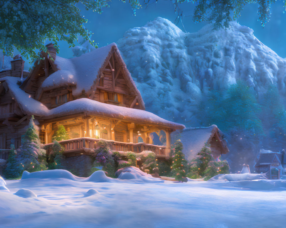 Snow-covered cabin nestled at foot of snowy mountain under dusk sky