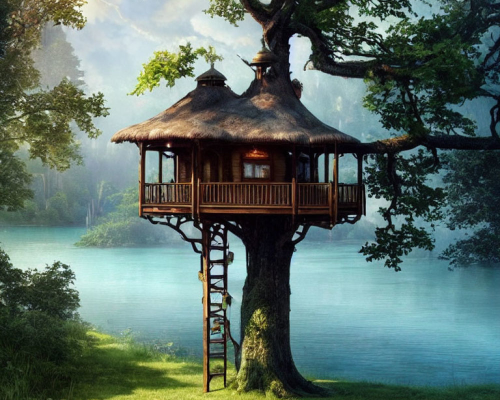 Tranquil wooden treehouse by a serene blue lake