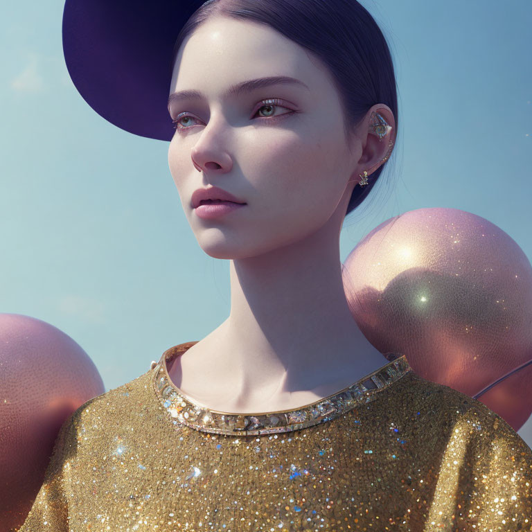 Digital 3D Rendering of Woman in Purple Cap and Sparkling Gold Top