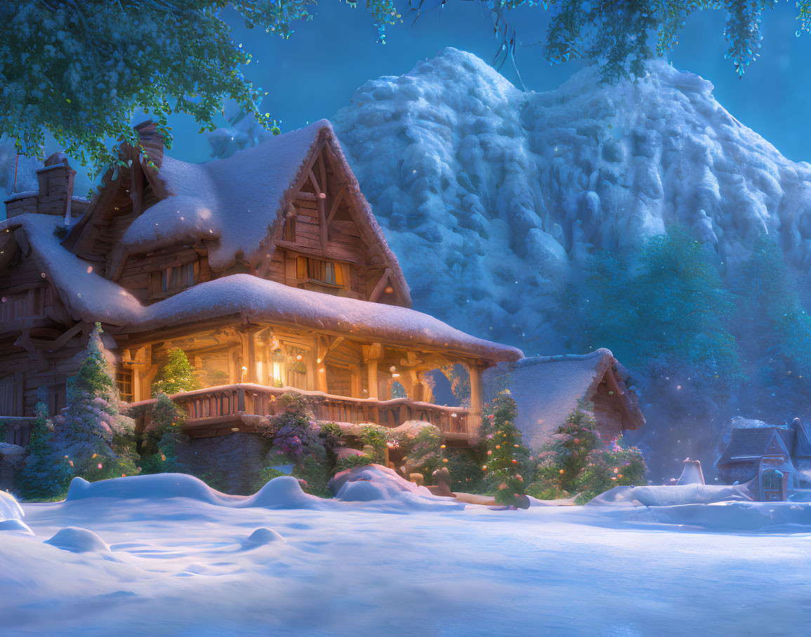 Snow-covered cabin nestled at foot of snowy mountain under dusk sky