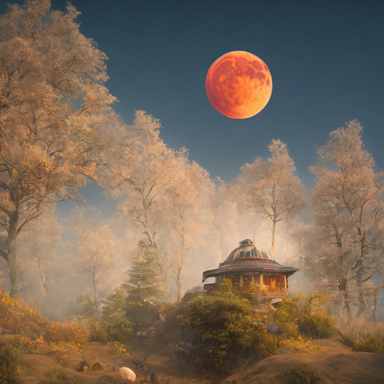 Cozy round house in autumnal setting under red moon