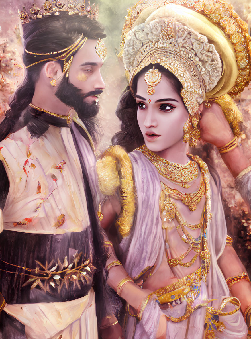 Regal Indian couple in traditional attire and jewelry