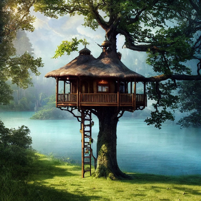 Tranquil wooden treehouse by a serene blue lake