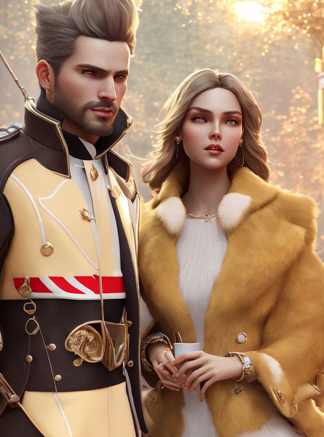 Stylized male and female animated characters in elegant clothing with autumn leaves background