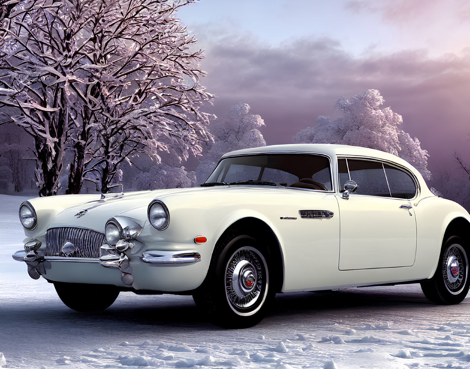 Classic White Coupe on Snowy Landscape with Leafless Trees and Pink Sky