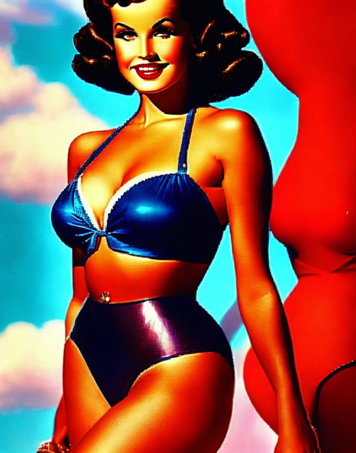 Classic Pin-Up Style Illustration of Smiling Woman in Blue Bikini