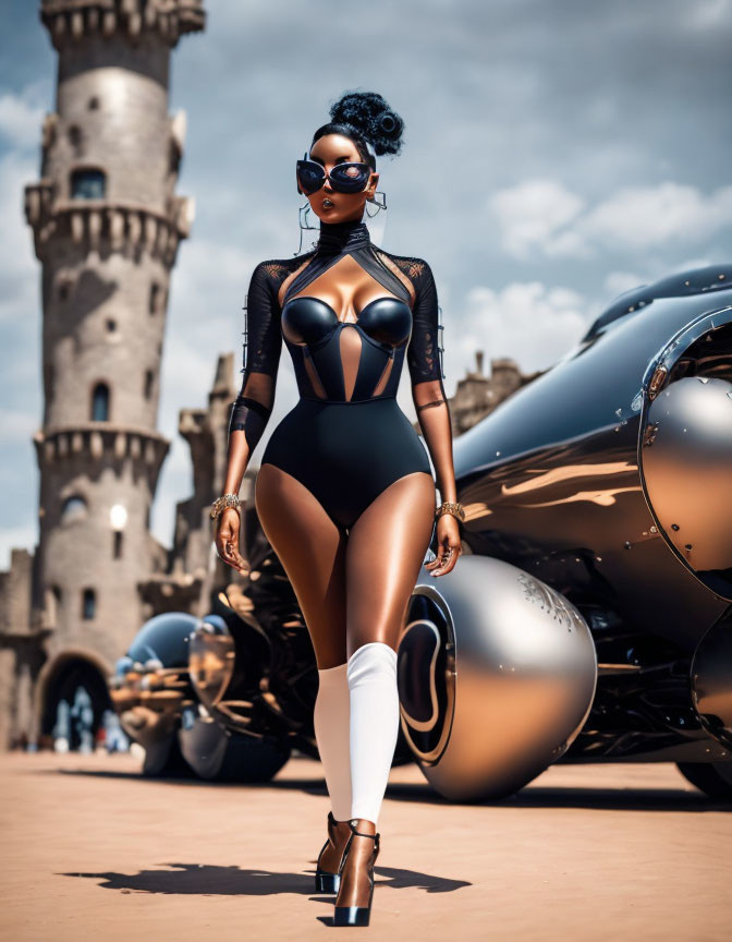 Stylish woman in black and white bodysuit posing by sleek car near historic tower