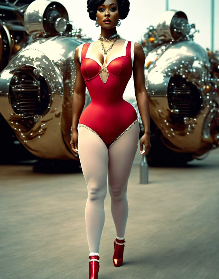 Confident woman in red bodysuit and stockings against metallic sphere backdrop