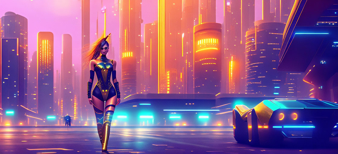 Futuristic cityscape with neon lights and woman next to futuristic car under purple and orange sky