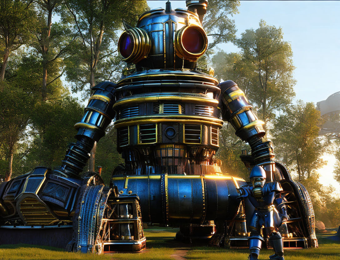 Detailed digital art: Large robot with smaller robots in forest clearing