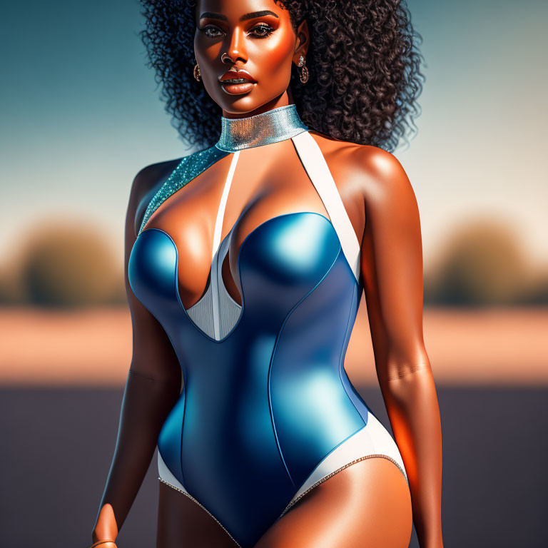 Illustration of woman in futuristic swimsuit with curly hair.