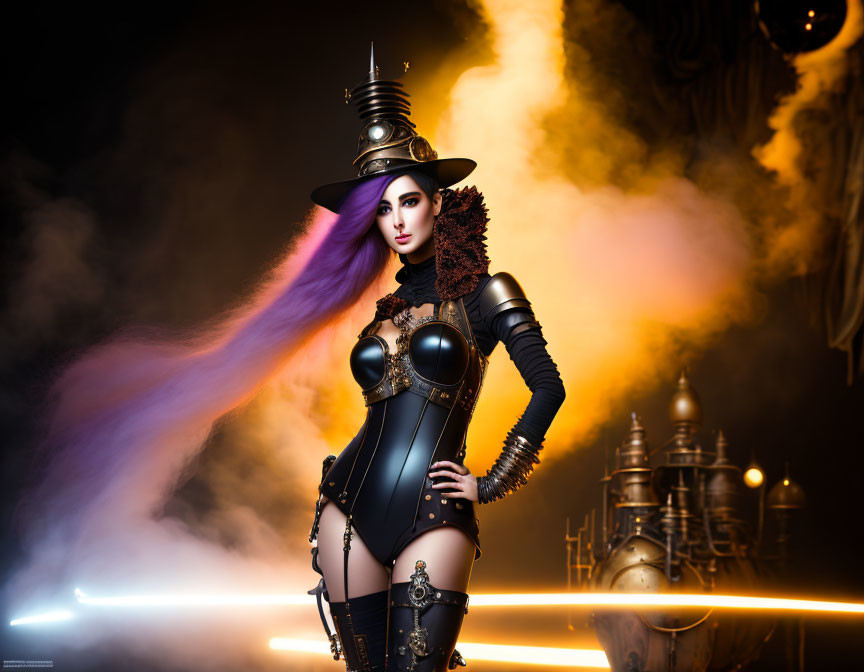 Steampunk-inspired woman with top hat, violet hair, and dark armor in moody backdrop.