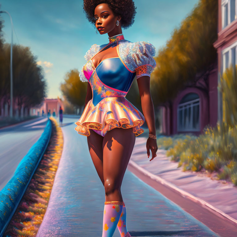 Stylized illustration of confident woman in futuristic outfit walking on roadside