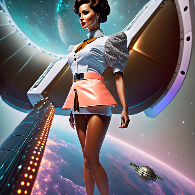 Stylized female figure in retro-futuristic uniform gazes at Earth from spaceship viewport