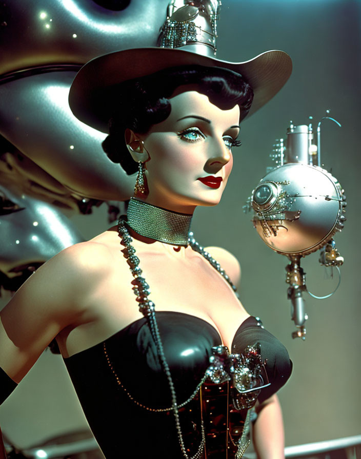 Vintage Portrait of Woman in Futuristic Costume with Robotic Torso and Spacecraft