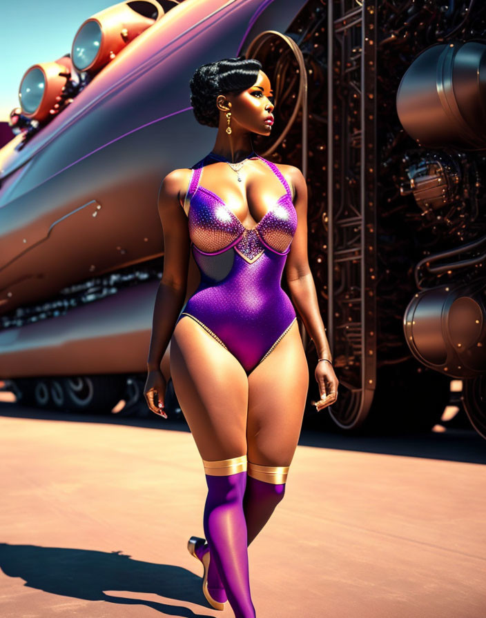 3D-rendered image of woman in purple bodysuit with futuristic vehicle