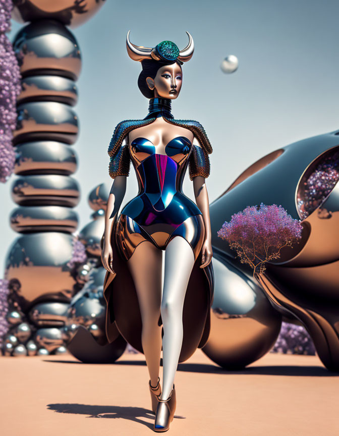 Futuristic female figure in horned headpiece in surreal landscape