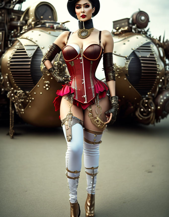 Steampunk woman in corset and boots with brass machine