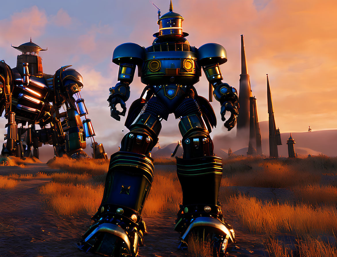 Futuristic robots in field at sunset with industrial towers and orange sky.