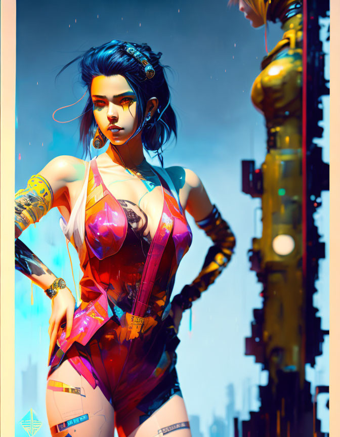 Digital artwork: Woman with blue hair and tattoos in futuristic attire against neon cityscape