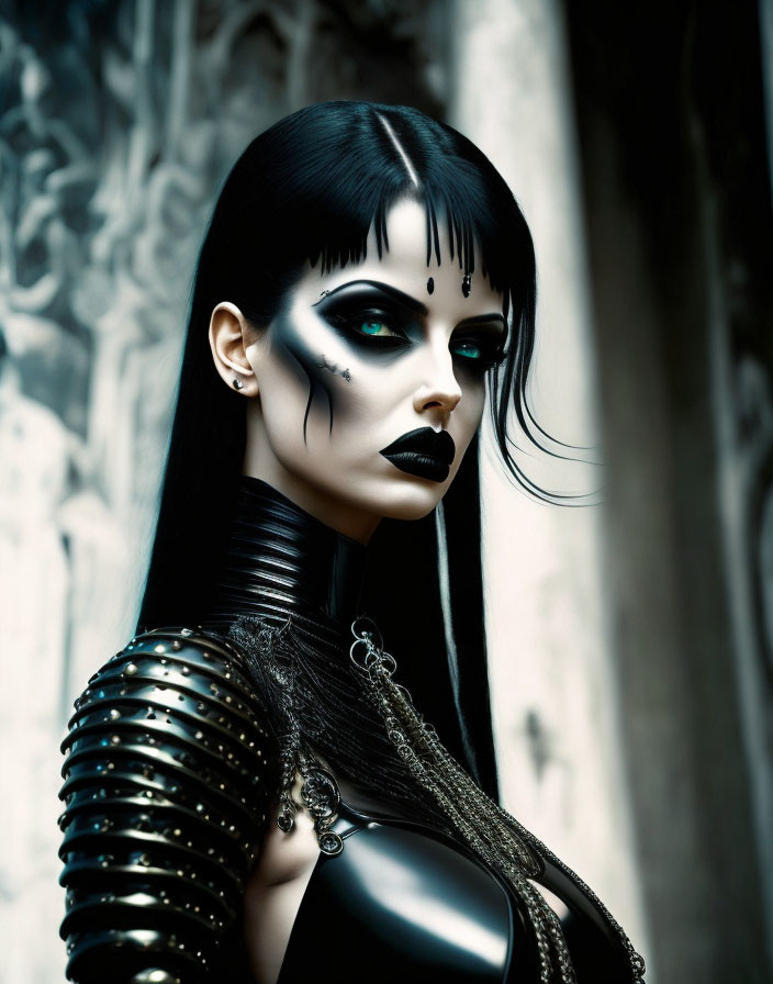 Woman in gothic makeup and attire with dark hair and armor-like sleeves