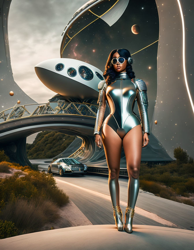 Futuristic woman in sci-fi attire with spaceship and car on celestial road