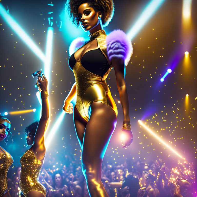 Vibrant club scene with confident woman in black and gold outfit