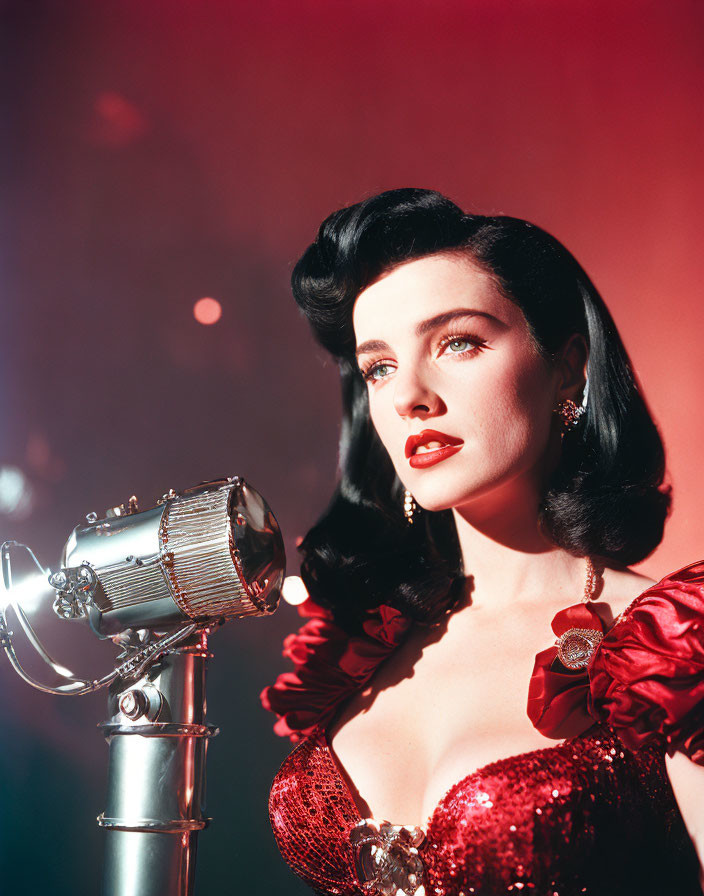 Vintage portrait of glamorous woman in sequined dress with red lipstick by classic microphone.