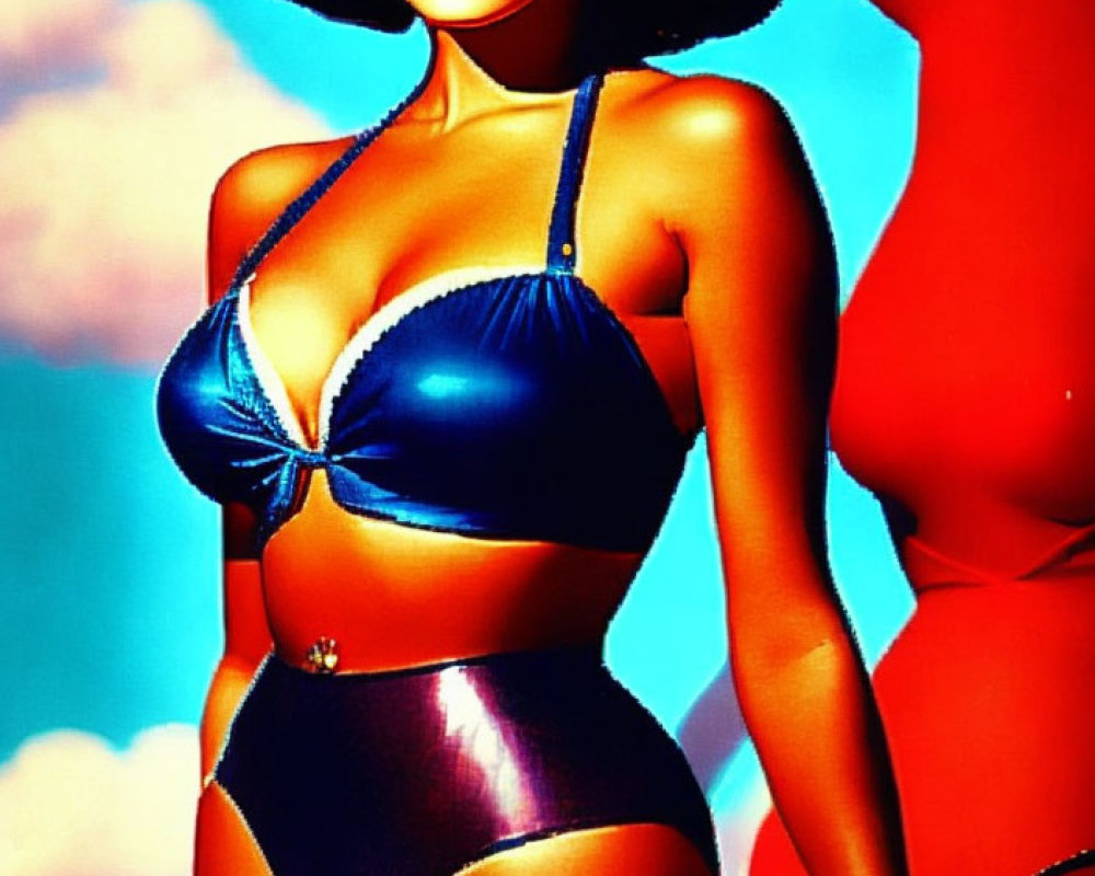 Classic Pin-Up Style Illustration of Smiling Woman in Blue Bikini