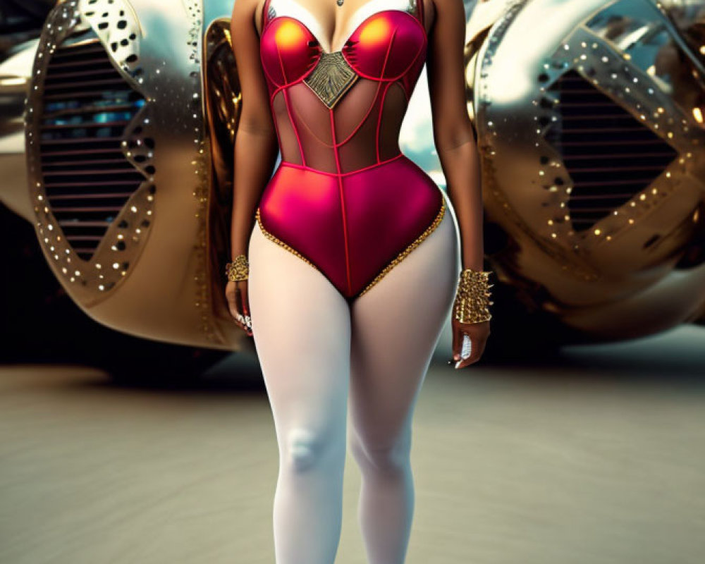 Futuristic woman in pink bodysuit near metallic vehicle