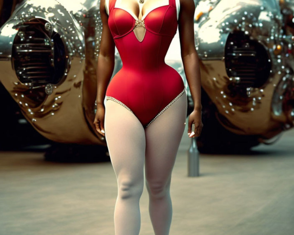 Confident woman in red bodysuit and stockings against metallic sphere backdrop