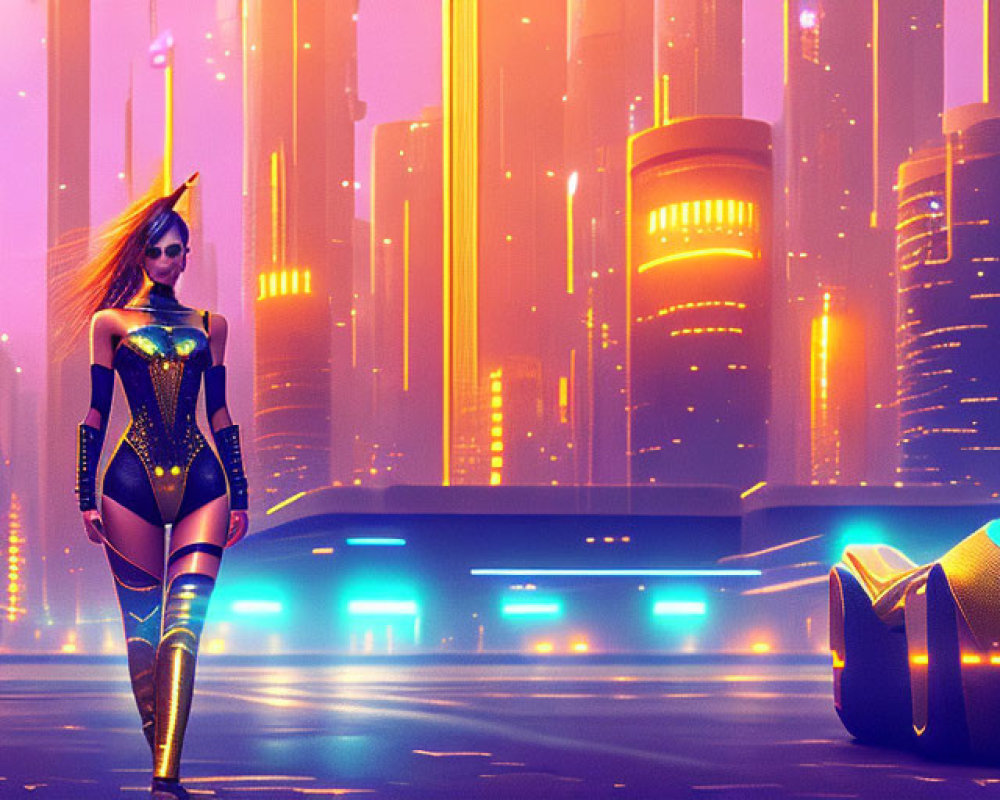 Futuristic cityscape with neon lights and woman next to futuristic car under purple and orange sky