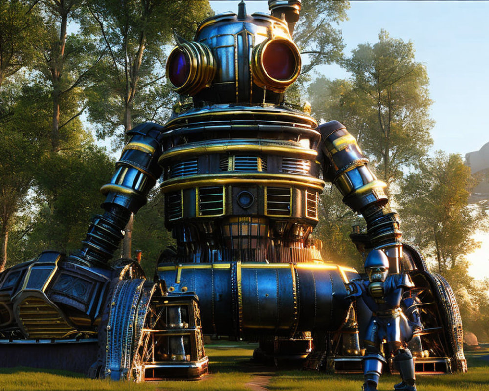 Detailed digital art: Large robot with smaller robots in forest clearing