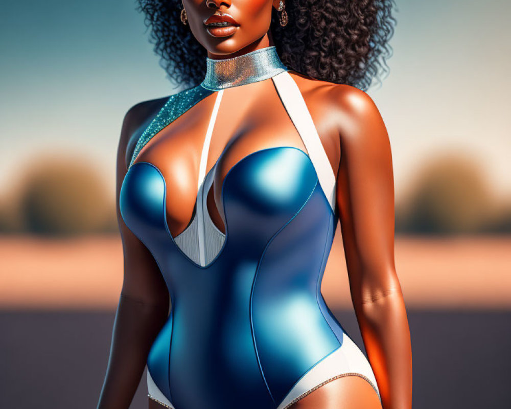 Illustration of woman in futuristic swimsuit with curly hair.