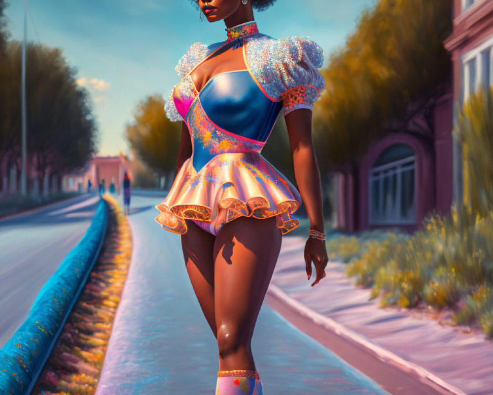 Stylized illustration of confident woman in futuristic outfit walking on roadside