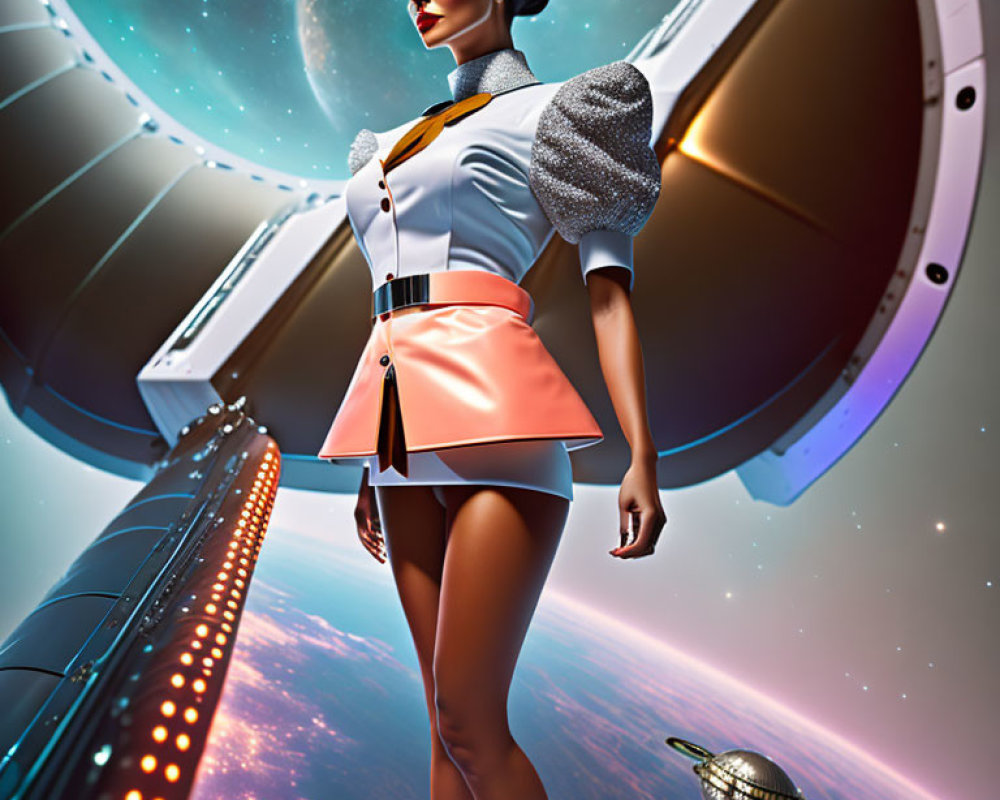 Stylized female figure in retro-futuristic uniform gazes at Earth from spaceship viewport